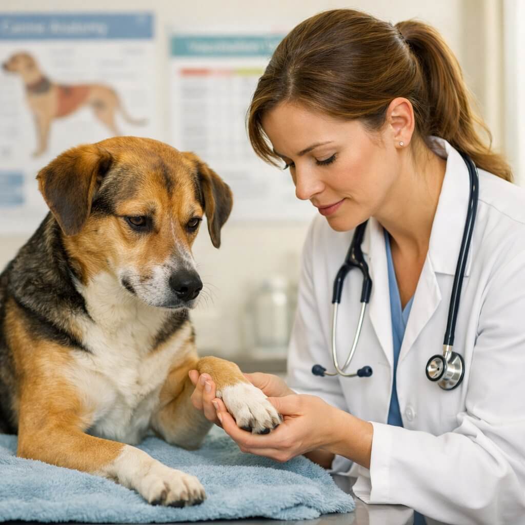 A veterinarian gently examining a calm dog on an examination table in a veterinary clinic.