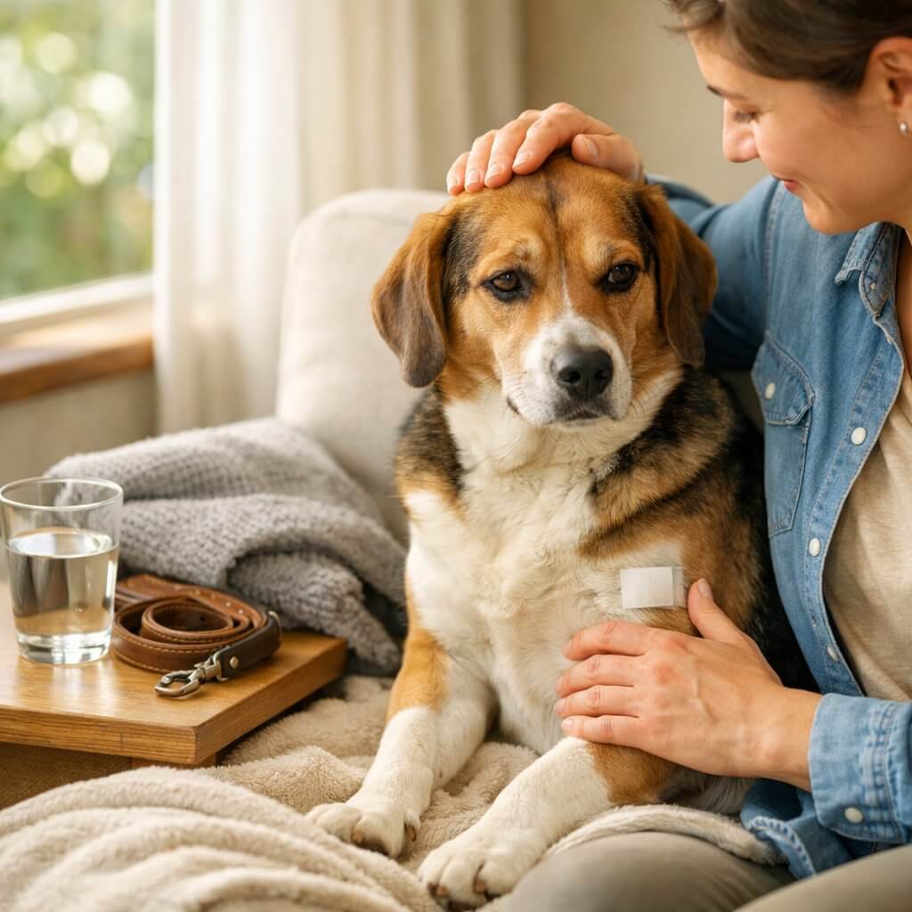 A dog owner gently comforting their dog indoors after vaccination, with the dog sitting calmly on a couch.